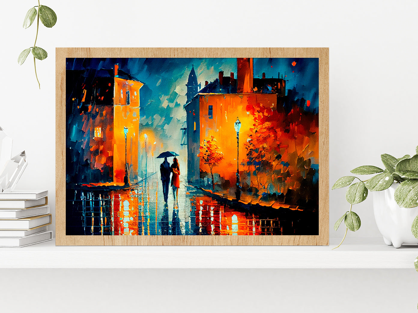 Street View Of Cityscape With Couple Glass Framed Wall Art, Ready to Hang Quality Print Without White Border Oak