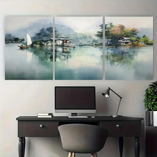 3pcs Sailboat on Lake with Island Trees Metal Print Ready to Hang Art