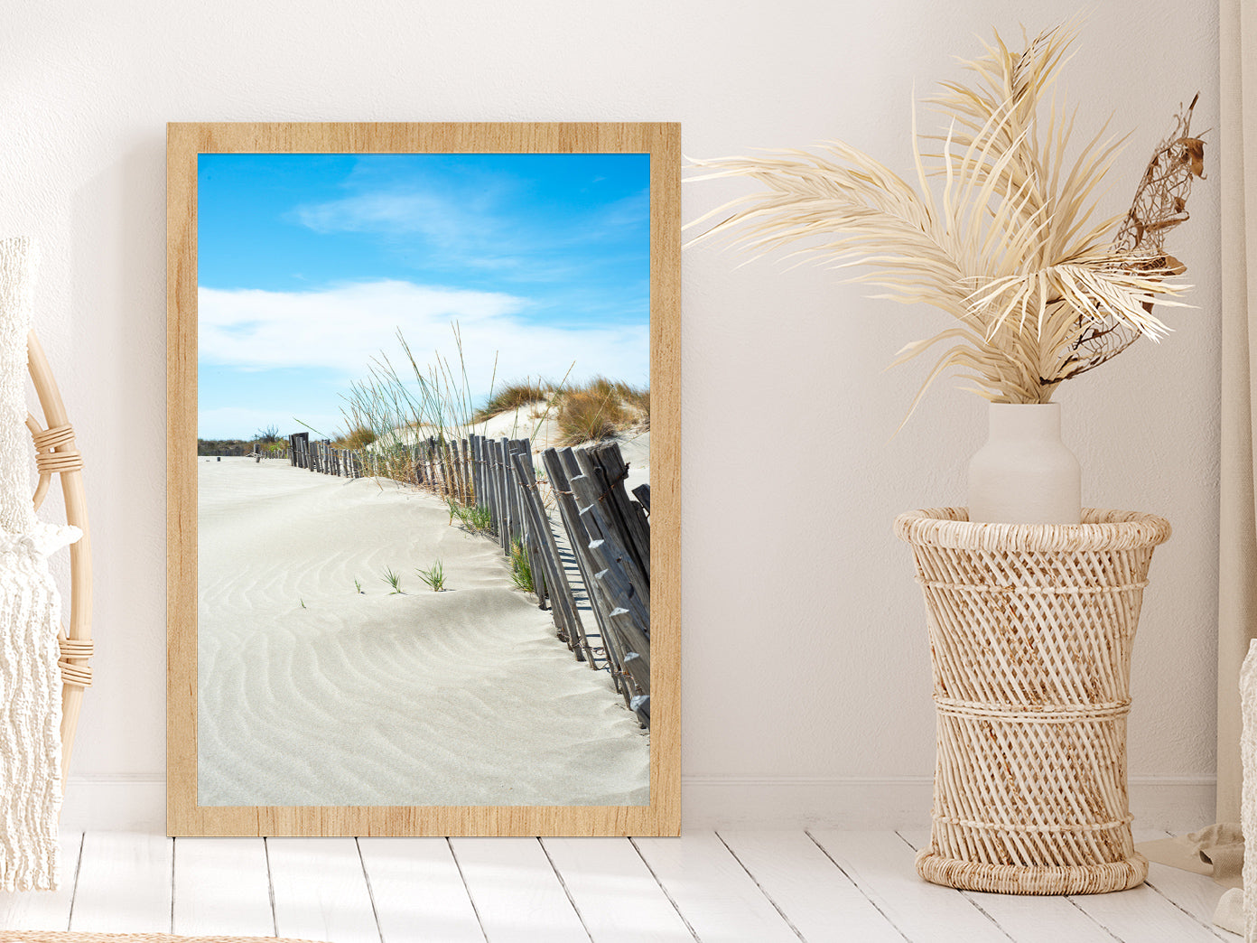 Old Wood Beach Fence near Sand Sea Photograph Glass Framed Wall Art, Ready to Hang Quality Print Without White Border Oak