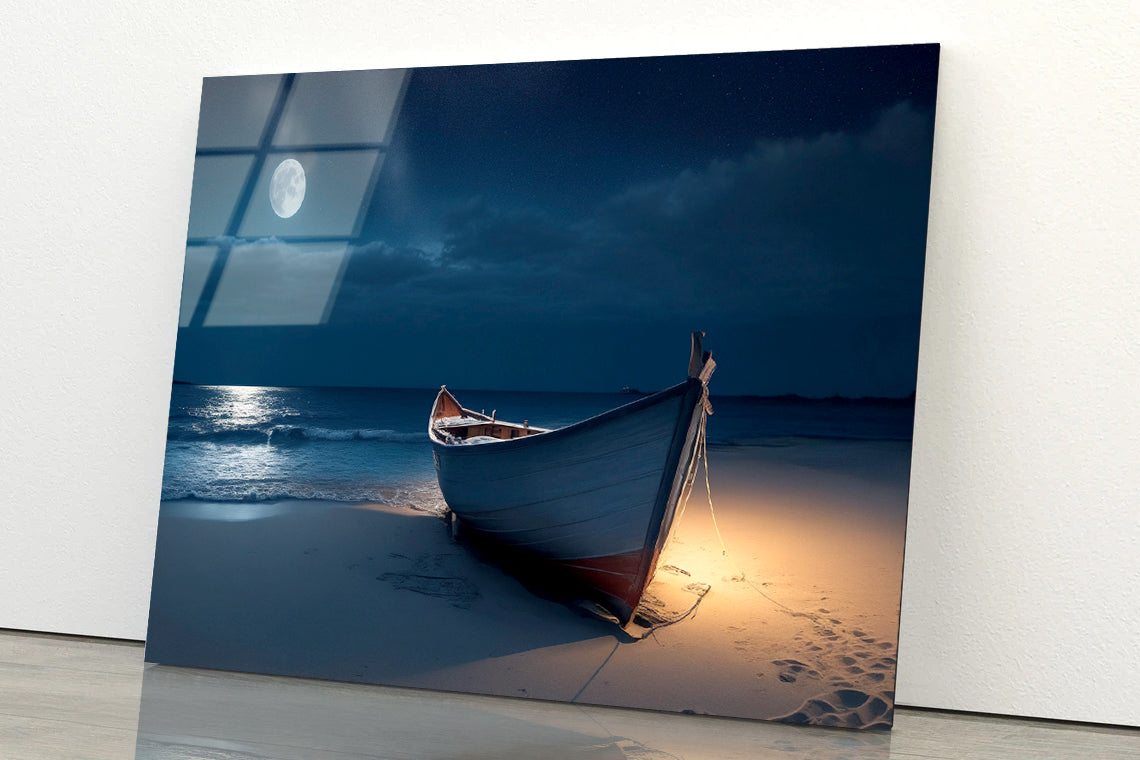 Boat on the Beach in the Night Acrylic Glass Print Tempered Glass Wall Art 100% Made in Australia Ready to Hang