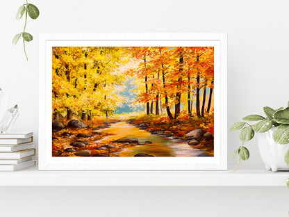 Autumn Trees In Forest With River Glass Framed Wall Art, Ready to Hang Quality Print With White Border White