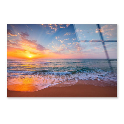 Tropical Color Island Beach Sunrise with Splashing Waves on The Sea Sand Acrylic Glass Print Tempered Glass Wall Art 100% Made in Australia Ready to Hang