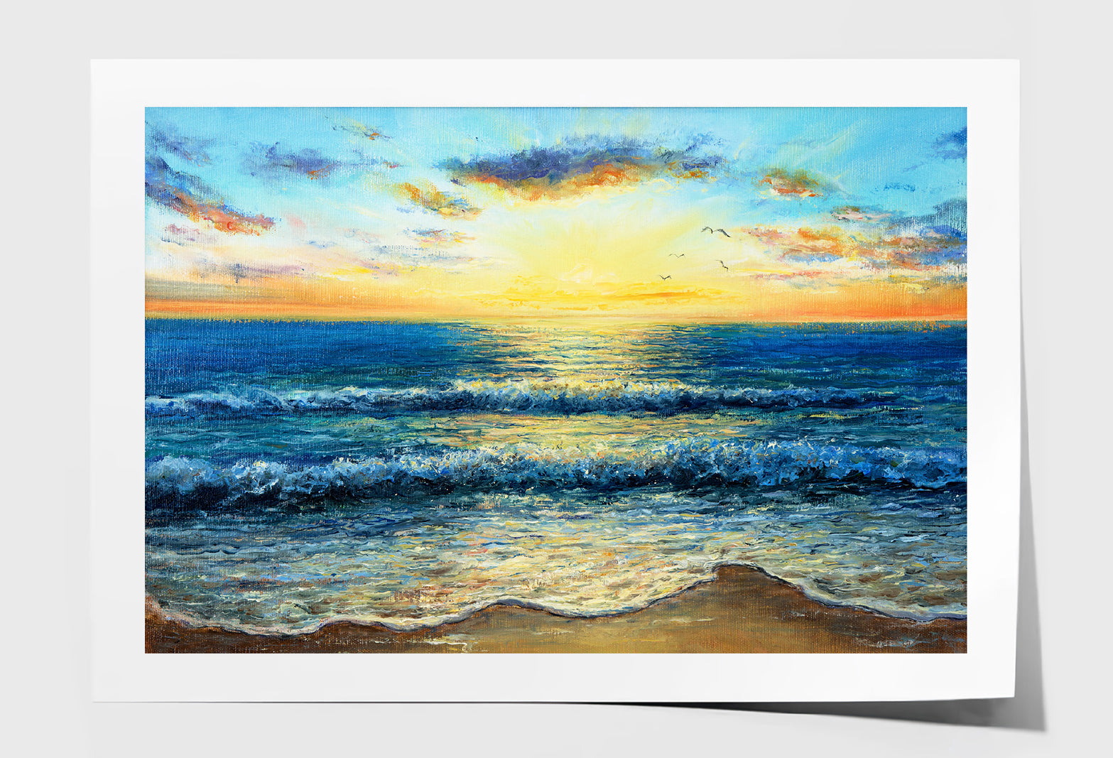 Waves In Sea & Sunset Over The Beach Oil Painting Wall Art Limited Edition High Quality Print Unframed Roll Canvas None