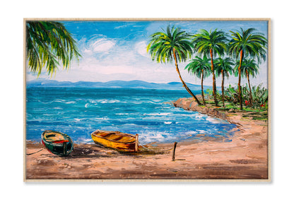 Boats near Tropical Island Beach with Palms Painting Wall Art Limited Edition High Quality Print Canvas Box Framed Natural