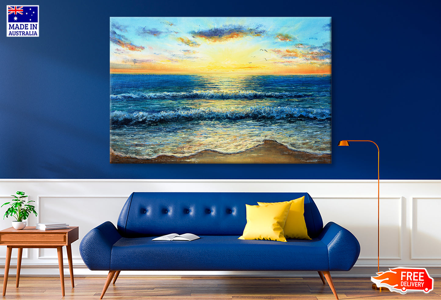 Waves In Sea & Sunset Over The Beach Oil Painting Wall Art Limited Edition High Quality Print