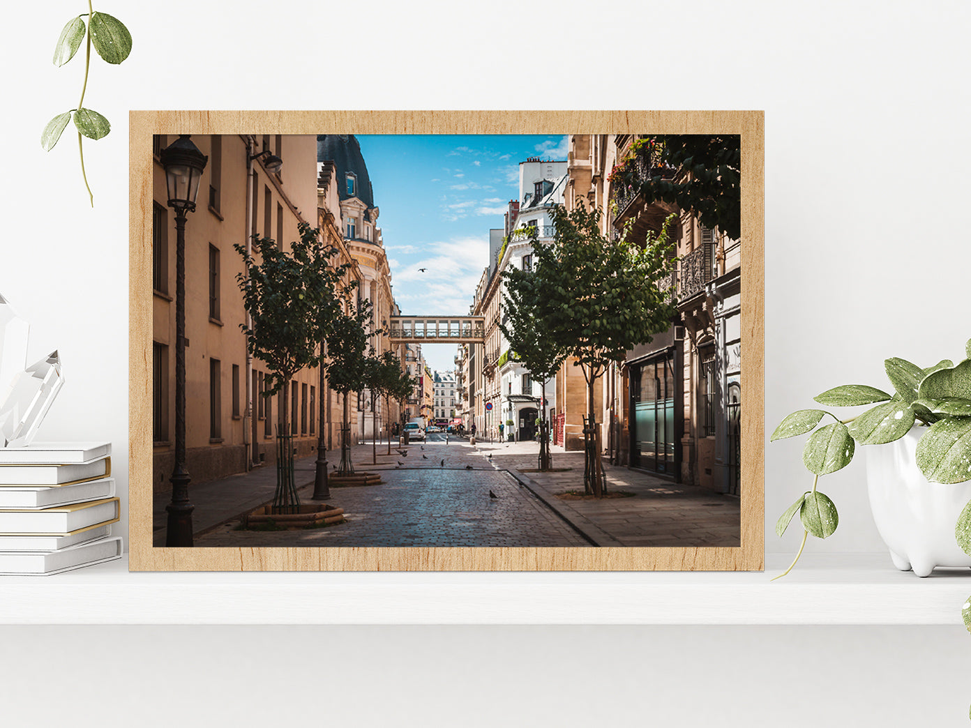 Pavement Street Of Paris In Summer Glass Framed Wall Art, Ready to Hang Quality Print Without White Border Oak