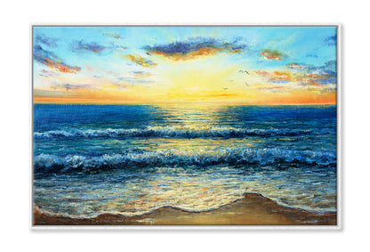 Waves In Sea & Sunset Over The Beach Oil Painting Wall Art Limited Edition High Quality Print Canvas Box Framed White