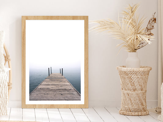 Wooden Pier on Lake Photograph Glass Framed Wall Art, Ready to Hang Quality Print With White Border Oak