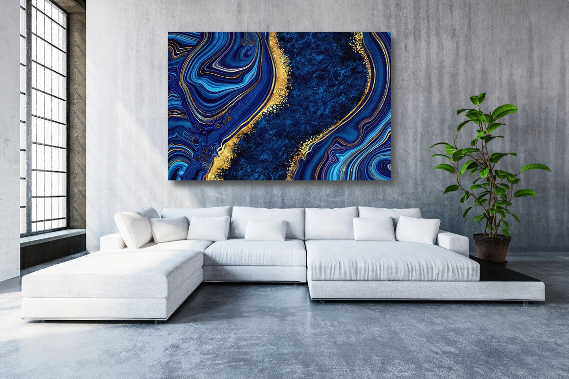 Blue & Gold Abstract Art Marble Acrylic Glass Print Tempered Glass Wall Art 100% Made in Australia Ready to Hang