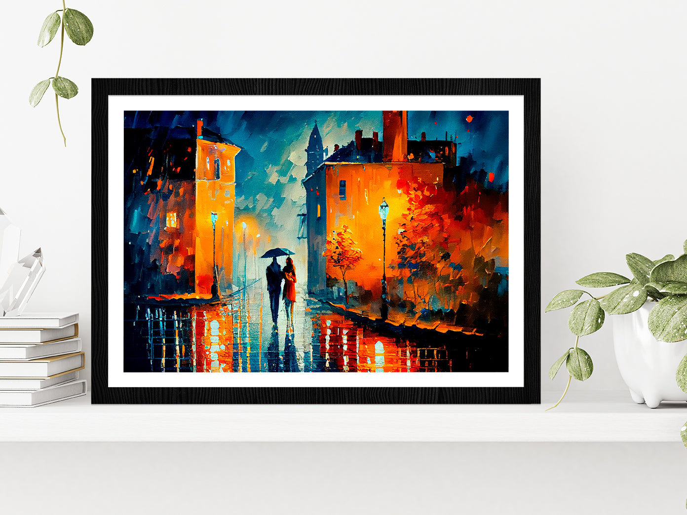 Street View Of Cityscape With Couple Glass Framed Wall Art, Ready to Hang Quality Print With White Border Black