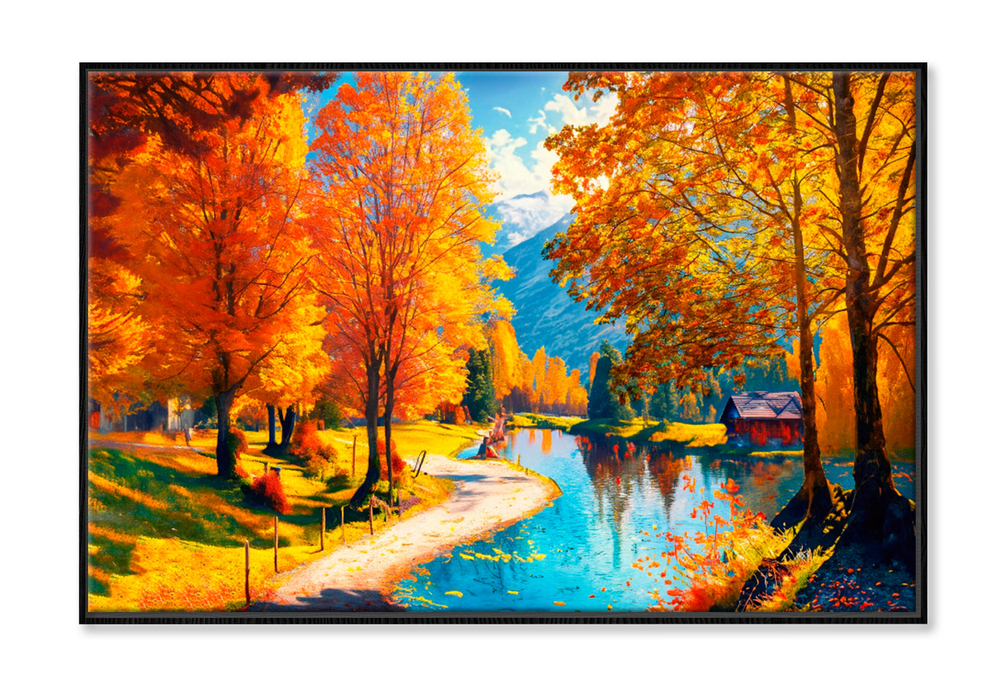 Reflection Of Autumn Trees In Water Oil Painting Wall Art Limited Edition High Quality Print Canvas Box Framed Black