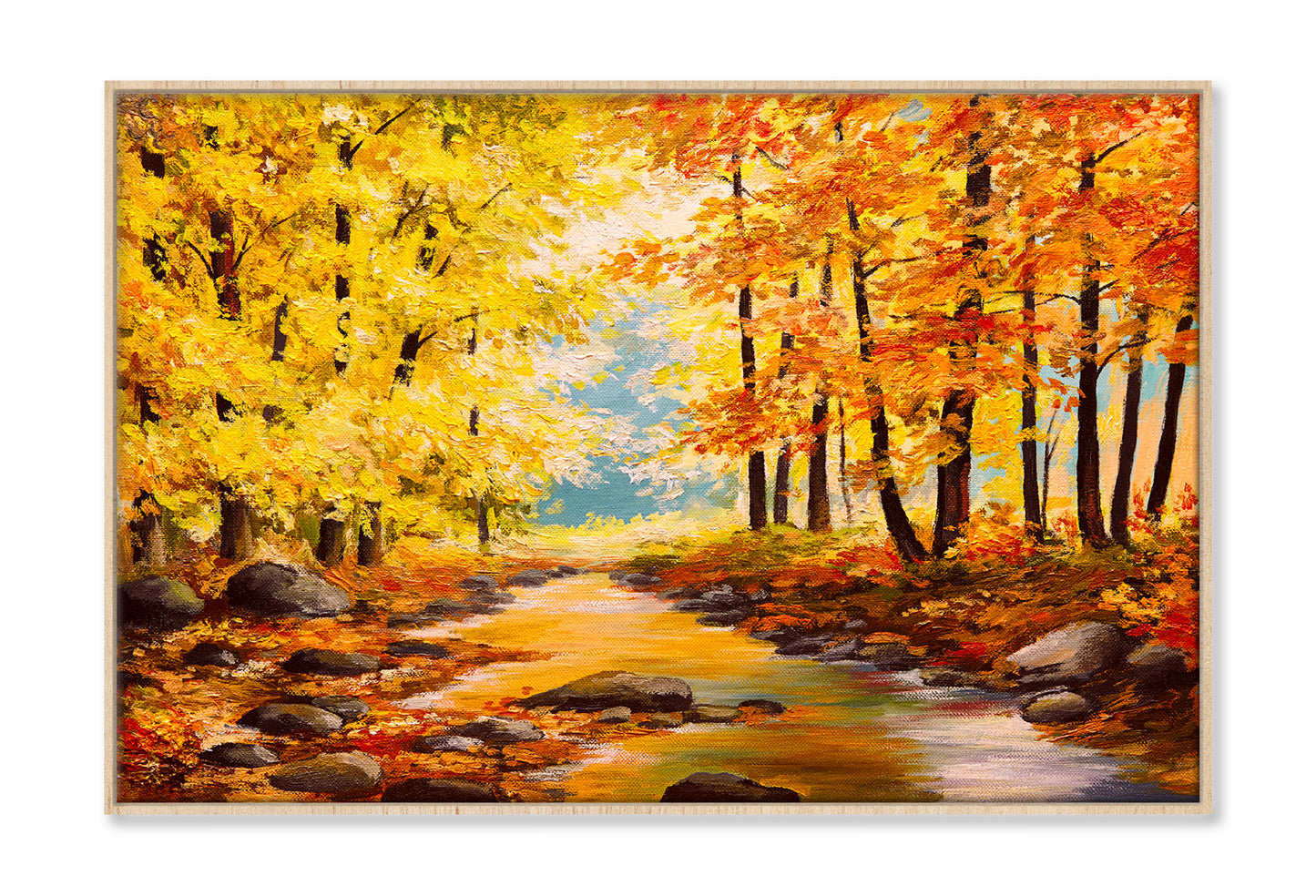 Autumn Trees In Forest With River Oil Painting Wall Art Limited Edition High Quality Print Canvas Box Framed Natural