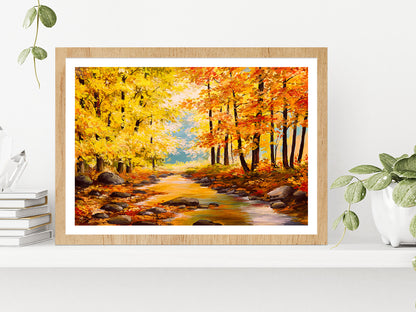 Autumn Trees In Forest With River Glass Framed Wall Art, Ready to Hang Quality Print With White Border Oak