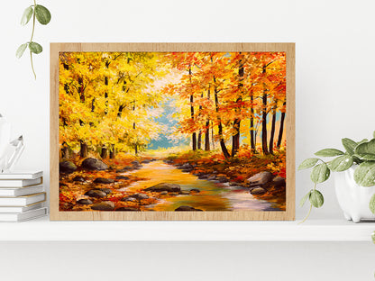 Autumn Trees In Forest With River Glass Framed Wall Art, Ready to Hang Quality Print Without White Border Oak