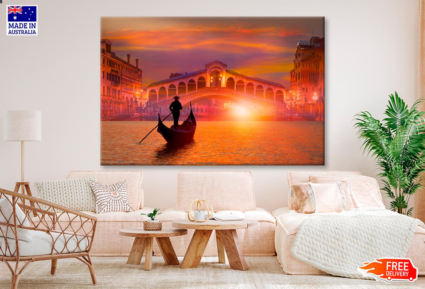 Gondola In Venice at Sunset Sky View Wall Art Decor 100% Australian Made