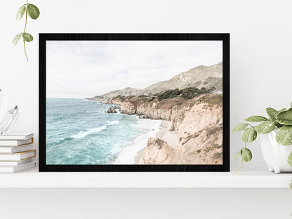 Rocky Sea Coast Faded Photograph Glass Framed Wall Art, Ready to Hang Quality Print Without White Border Black