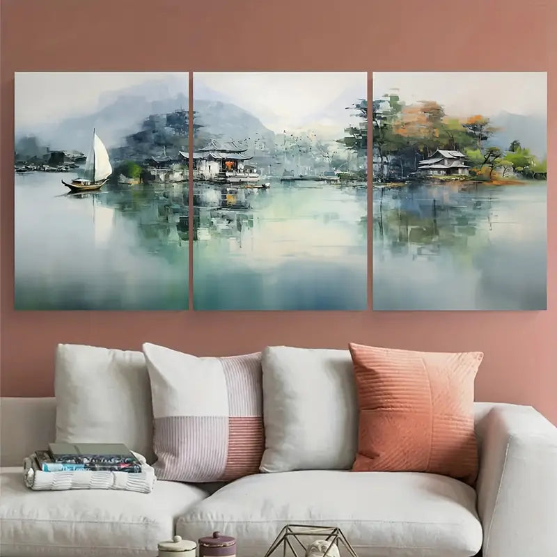 3pcs Sailboat on Lake with Island Trees Metal Print Ready to Hang Art