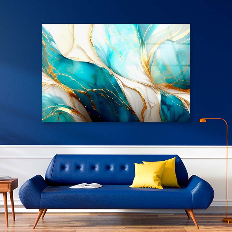 Golden Blue Abstract Acrylic Glass Print Tempered Glass Wall Art 100% Made in Australia Ready to Hang