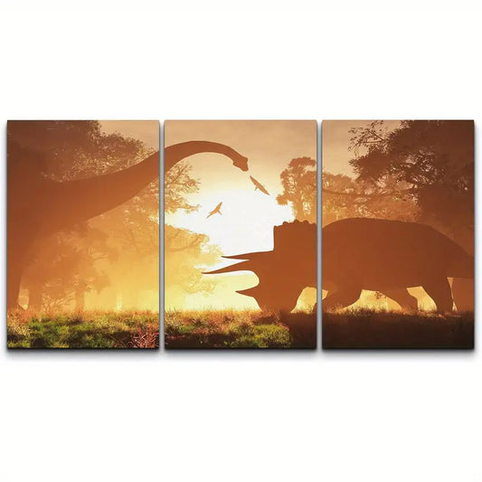 3pcs Dinosaurs In Prehistoric Jungle In The Sunset Metal Print Ready to Hang Art