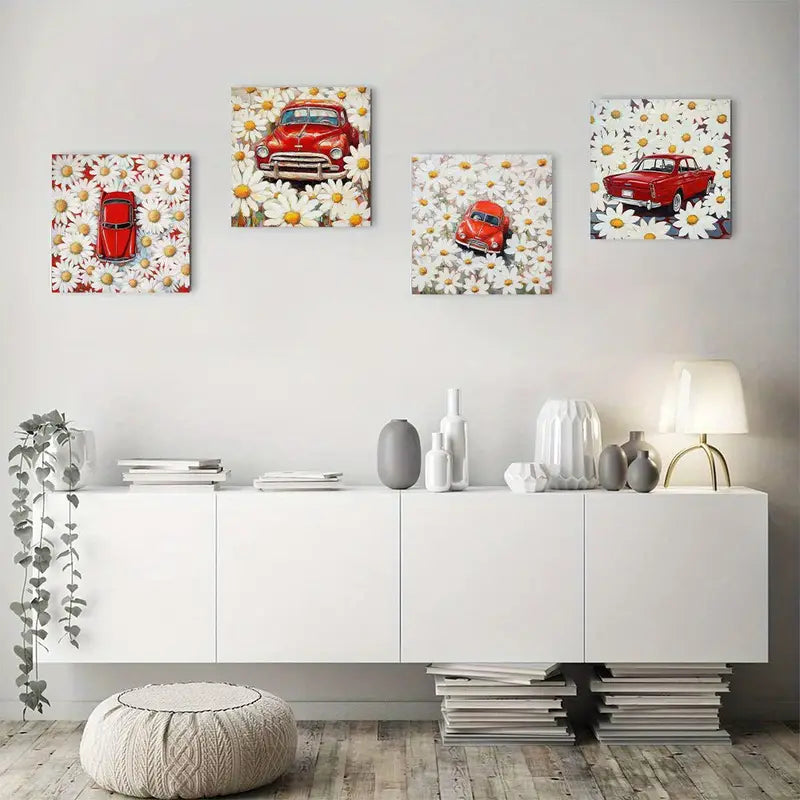 4pcs  Painting Floral Car Wall Art Canvas Framed