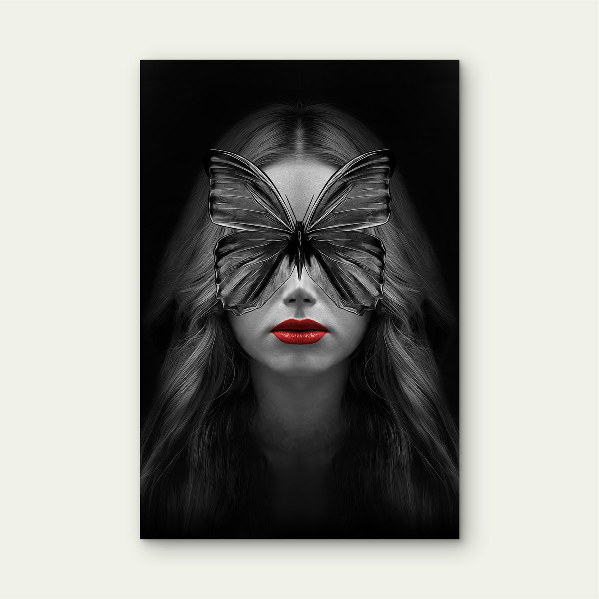 Gothic Woman Red Lips Black Butterfly 40x60cm Metal Print Ready to Hang