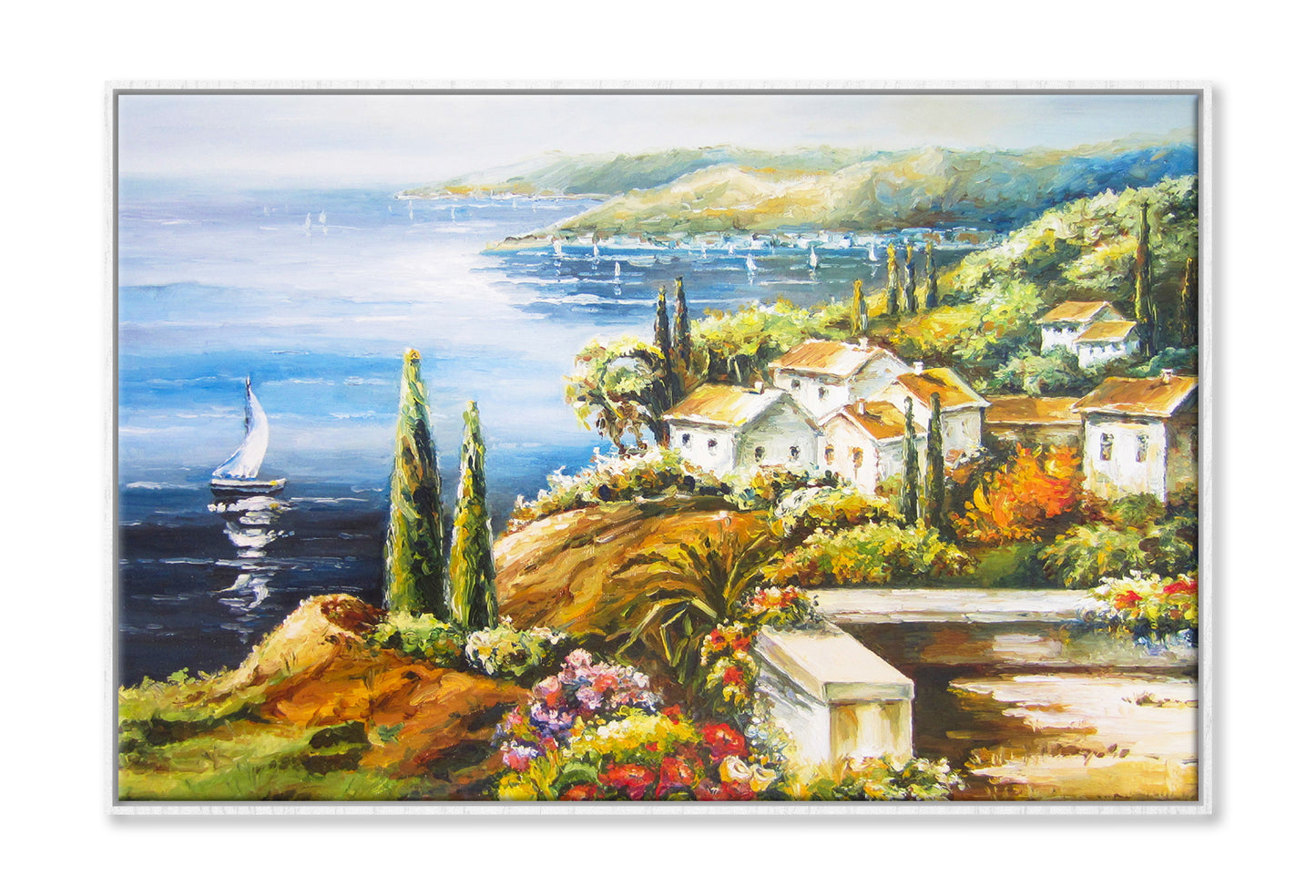 Sailing Boat on Sea Coast near Village Houses Painting Wall Art Limited Edition High Quality Print Canvas Box Framed White