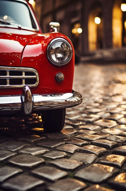 Classic Red Vintage Car Cobblestone Street 40x60cm Metal Print Ready to Hang