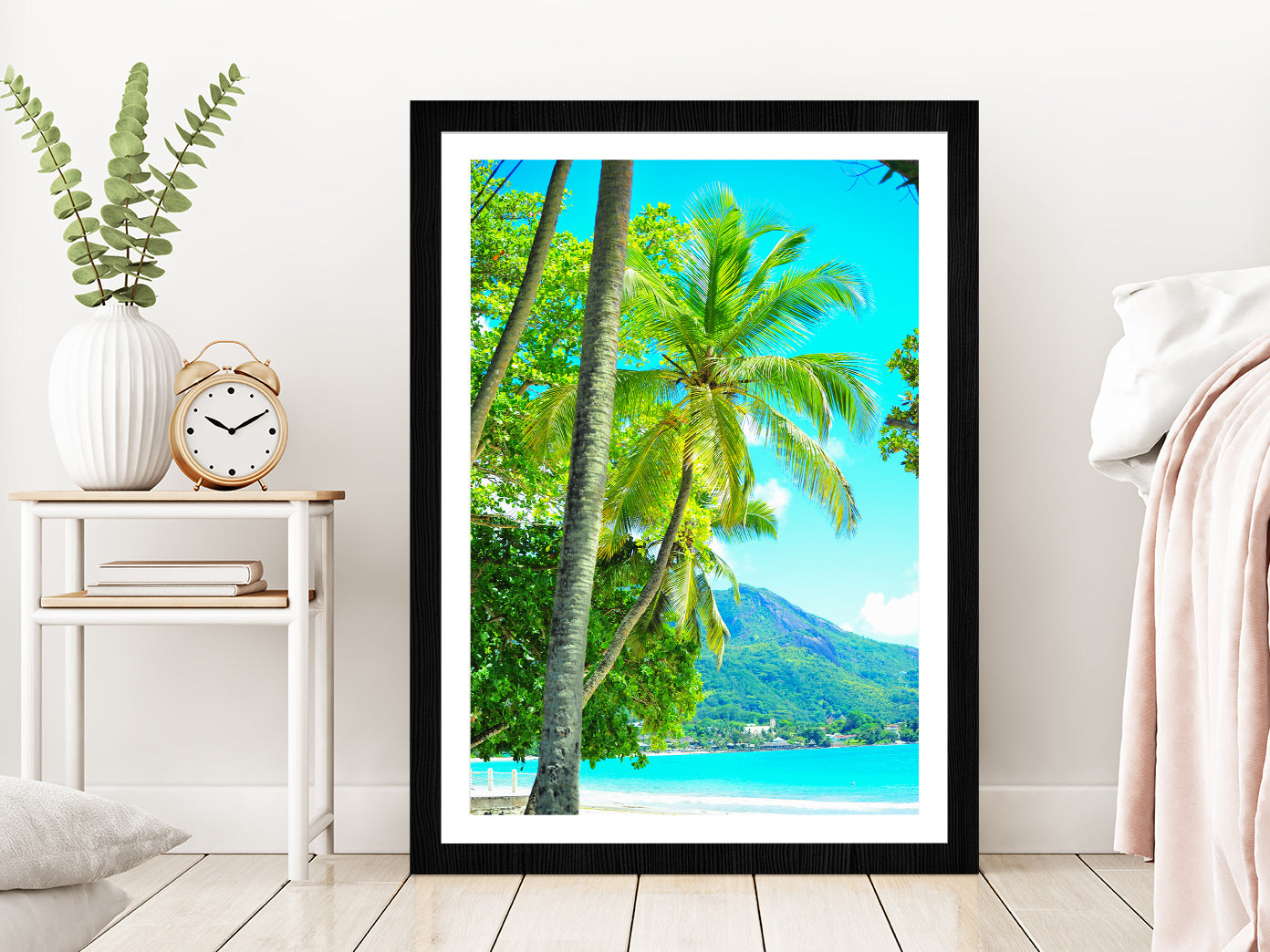 Seascape View Seychelles La Digue Island Photograph Glass Framed Wall Art, Ready to Hang Quality Print With White Border Black