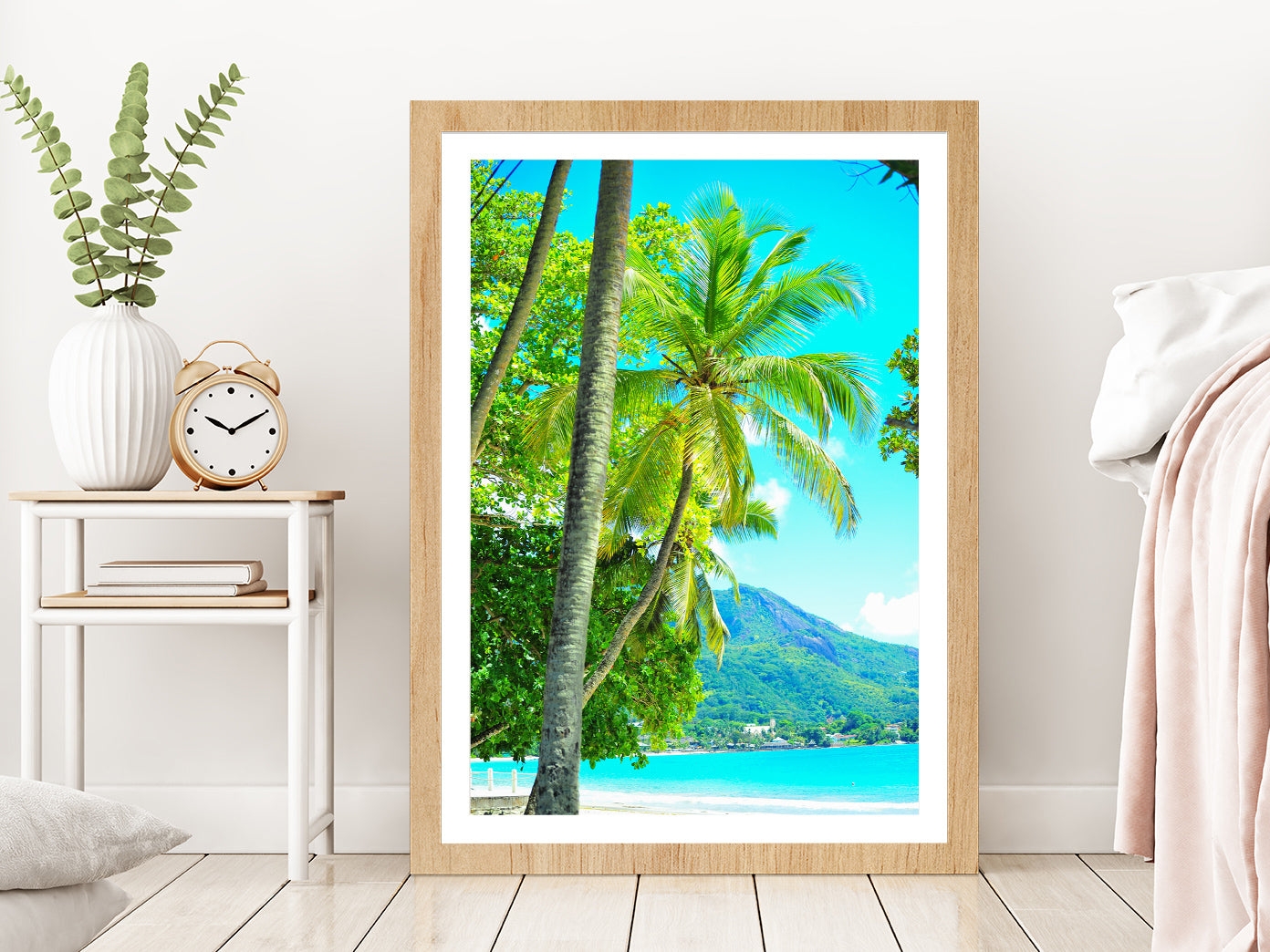 Seascape View Seychelles La Digue Island Photograph Glass Framed Wall Art, Ready to Hang Quality Print With White Border Oak