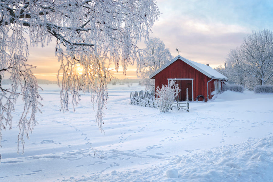 Winter View Of a Red Barn at Sunset in Rusko, Finland Home Decor Premium Quality Poster Print Choose Your Sizes