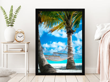 Hammock with Palm Trees Beach Photograph Glass Framed Wall Art, Ready to Hang Quality Print Without White Border Black