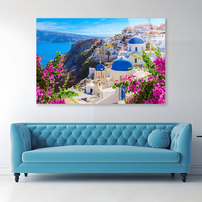 Buildings of Oia Town and Flowers Acrylic Glass Print Tempered Glass Wall Art 100% Made in Australia Ready to Hang