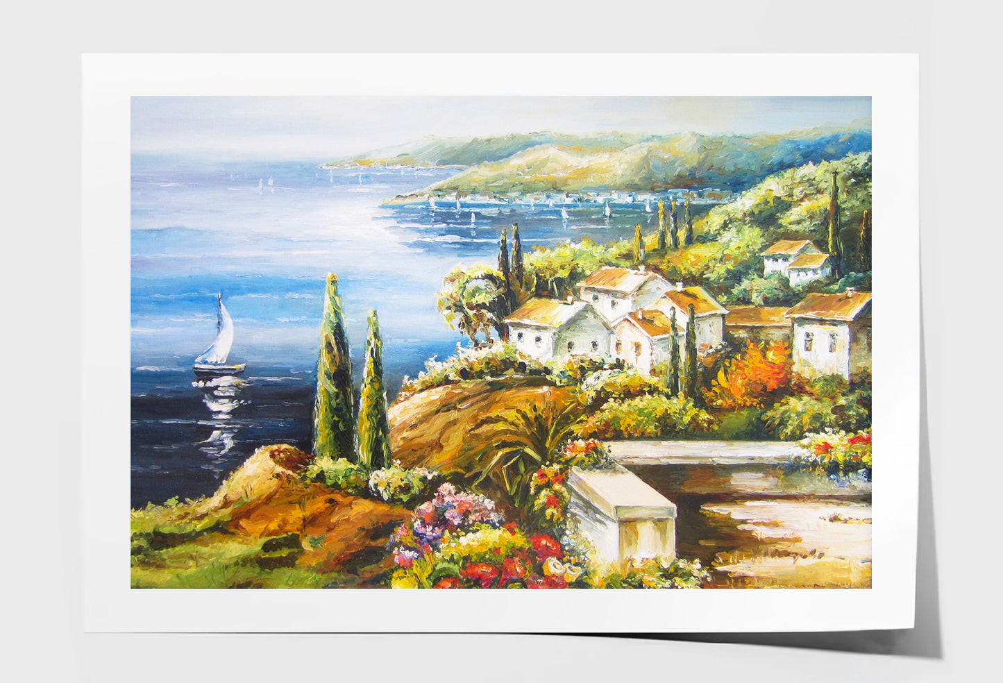 Sailing Boat on Sea Coast near Village Houses Painting Wall Art Limited Edition High Quality Print Unframed Roll Canvas None