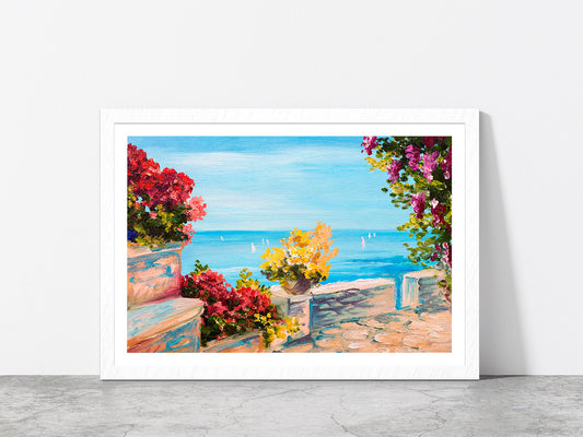 Terrace Near The Sea & Flowers Glass Framed Wall Art, Ready to Hang Quality Print With White Border White