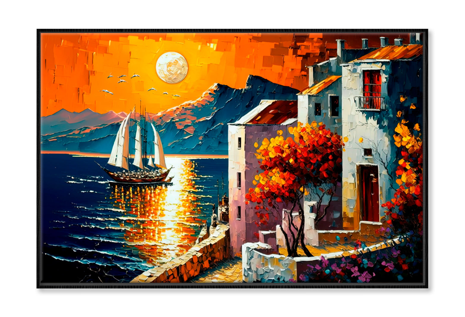 Seaside Cityscape With Ocean View Oil Painting Wall Art Limited Edition High Quality Print Canvas Box Framed Black