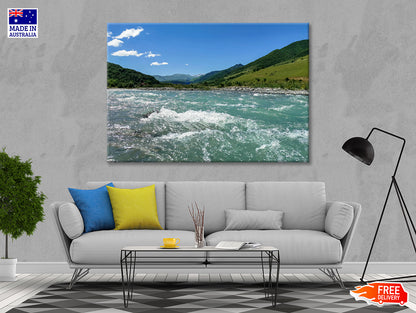 A River Flowing Through Green Hills with Mountains Print 100% Australian Made