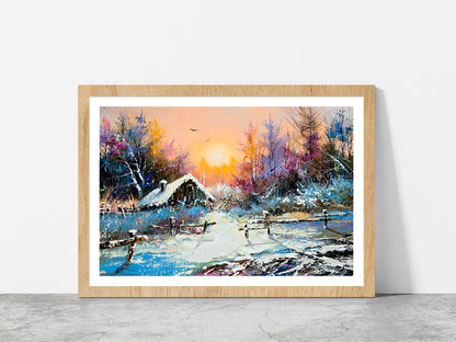 Rural Winter & Sunrise Landscape Painting Glass Framed Wall Art, Ready to Hang Quality Print With White Border Oak