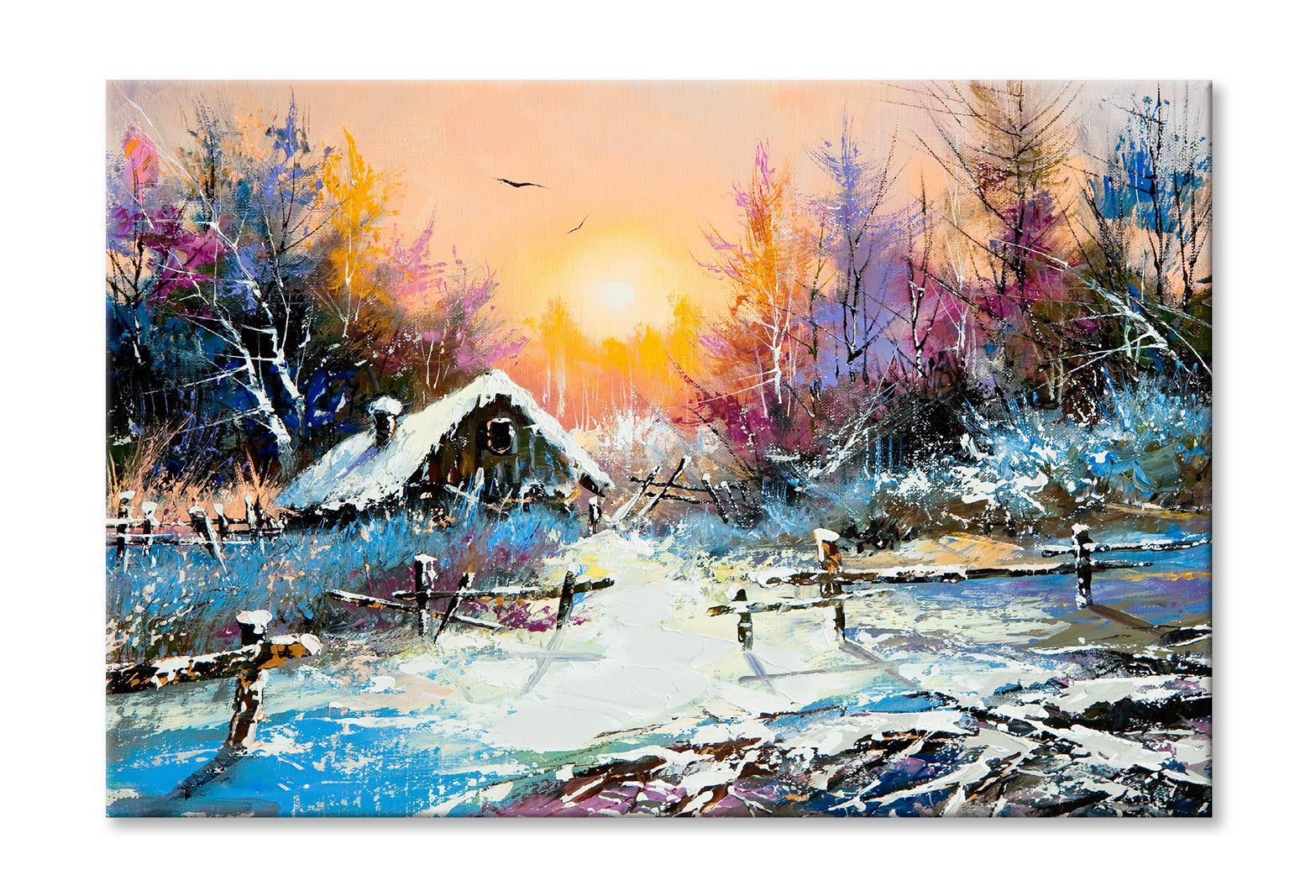 Rural Winter & Sunrise Landscape Painting Wall Art Limited Edition High Quality Print Stretched Canvas None