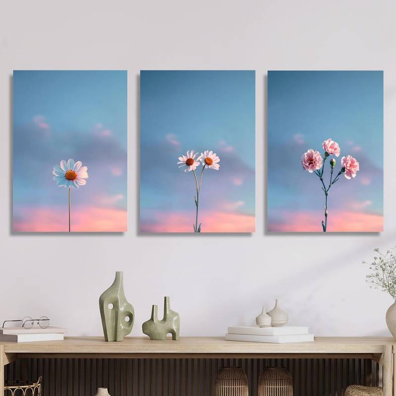 3pcs Red Daisies and Blue Sky Sunset Metal Print Ready to Hang Art