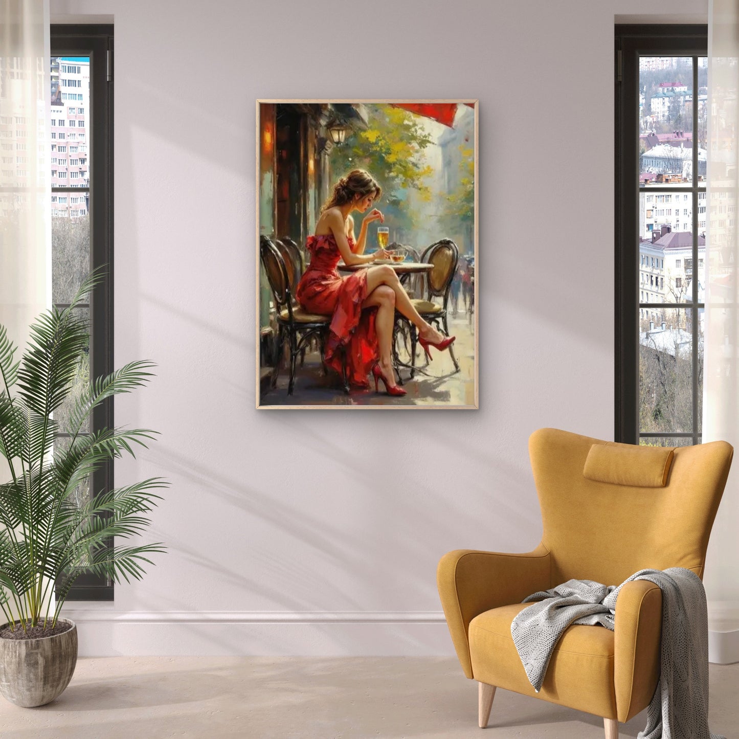 Red Dress Woman at Café Table Fashion Home Decor Premium Quality Poster Print Choose Your Sizes