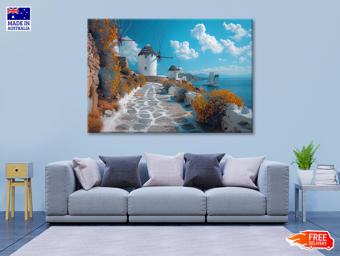 Path with a Boat & Buildings in Greece Print 100% Australian Made