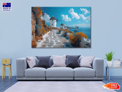 Path with a Boat & Buildings in Greece Print 100% Australian Made
