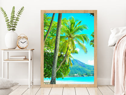 Seascape View Seychelles La Digue Island Photograph Glass Framed Wall Art, Ready to Hang Quality Print Without White Border Oak