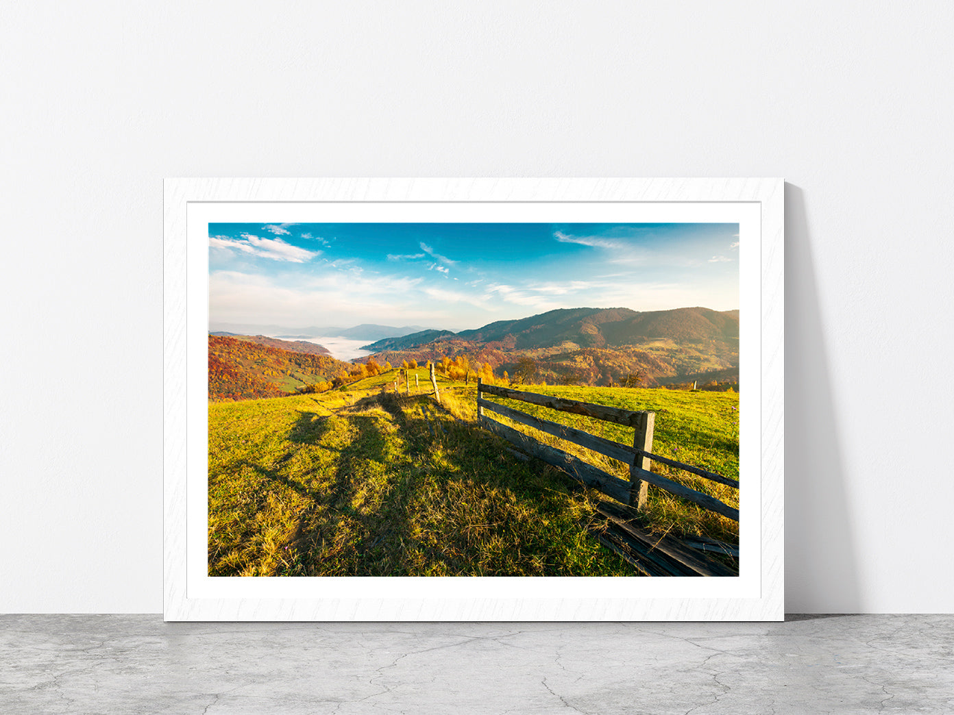 Countryside Foggy Autumn Sunrise Glass Framed Wall Art, Ready to Hang Quality Print With White Border White