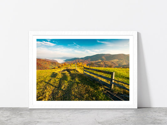 Countryside Foggy Autumn Sunrise Glass Framed Wall Art, Ready to Hang Quality Print With White Border White