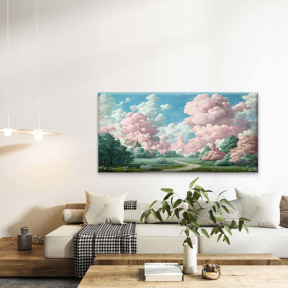 Pink Cloud Meadow Garden Path Wall Art Canvas Office Home Room Framed 120x60 cm