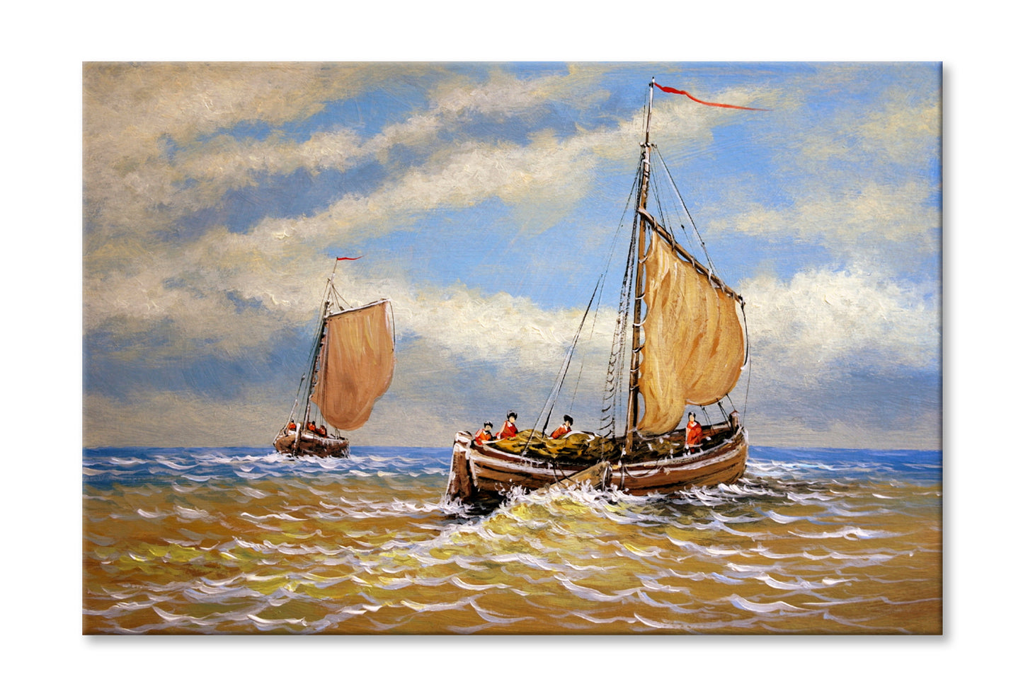 Sailing Boat in the Sea & Cloudy Sky Oil Painting Wall Art Limited Edition High Quality Print Stretched Canvas None