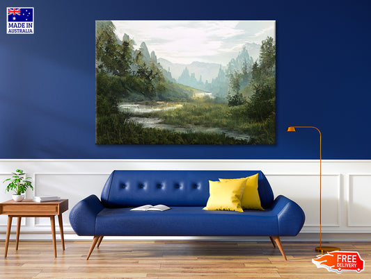 A River Flowing a Valley with Trees & Mountains Print 100% Australian Made