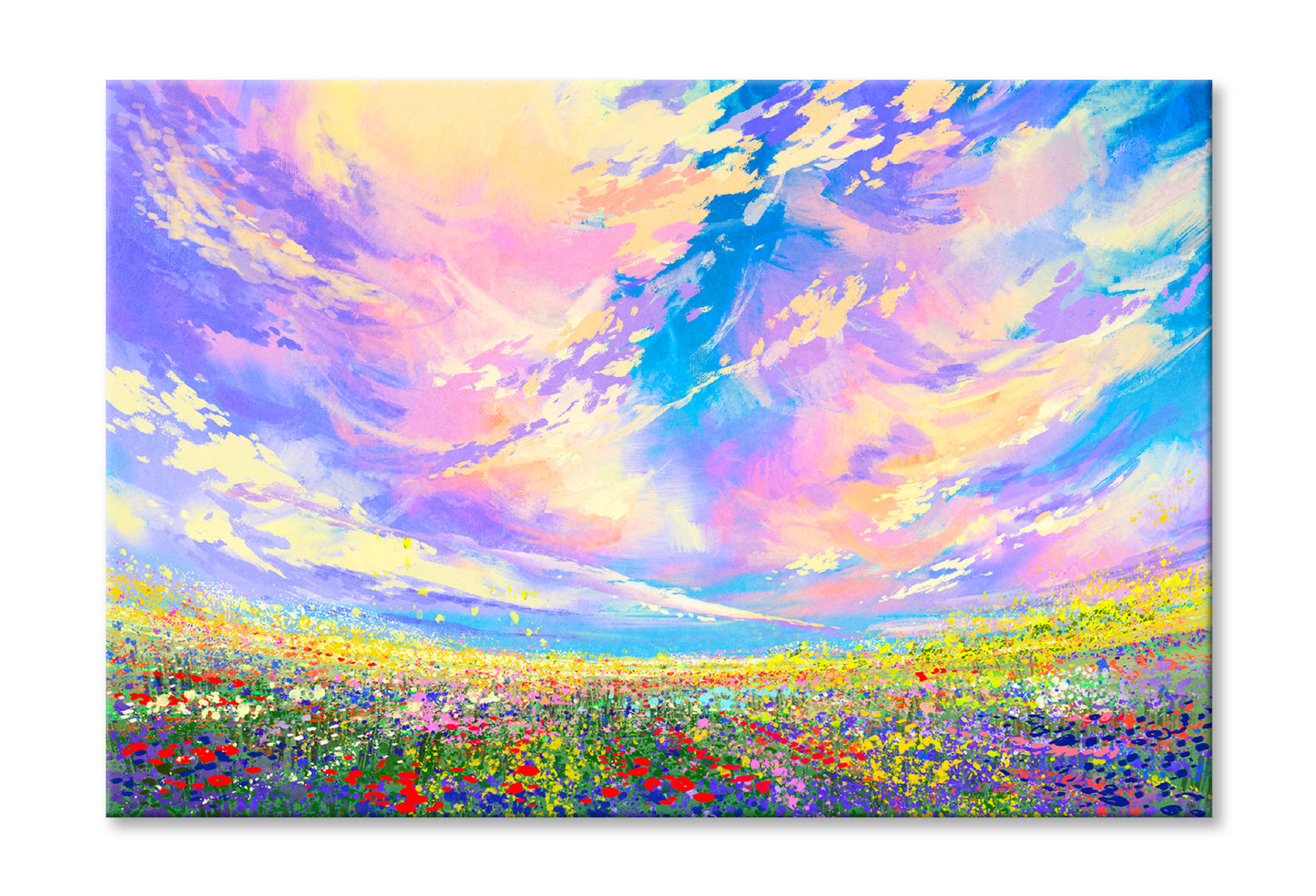 Colorful Flowers In Field Under Beautiful Clouds Oil Painting Wall Art Limited Edition High Quality Print Stretched Canvas None