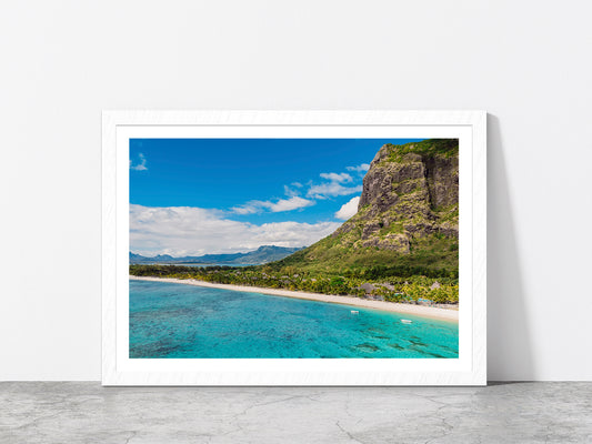 Le Morne Mountain Ocean & Beach Glass Framed Wall Art, Ready to Hang Quality Print With White Border White